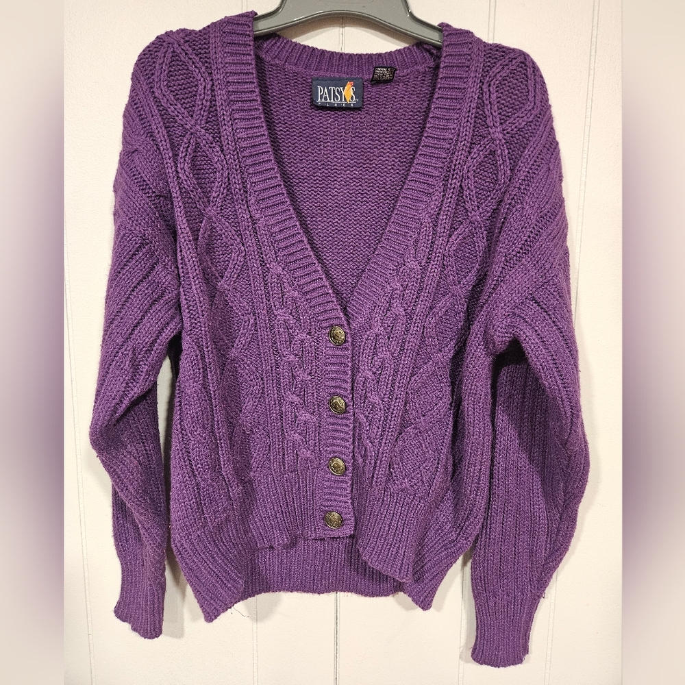 Vintage Patsys Place Purple Cable Knit Cardigan Sweater Top Medium Acrylic Heavy